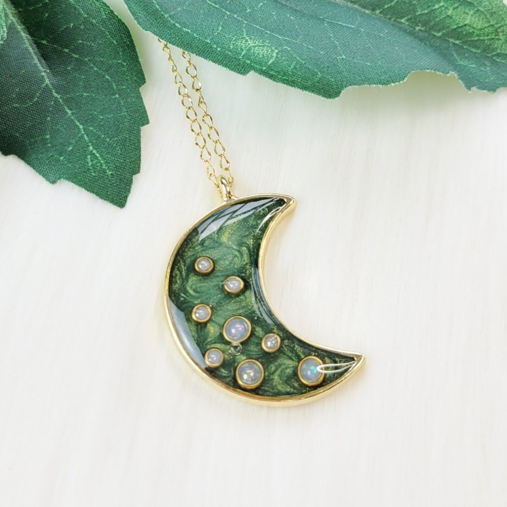 Crescent Moon Pendant Necklace Metallic Forest Green and Gold Handmade Necklace